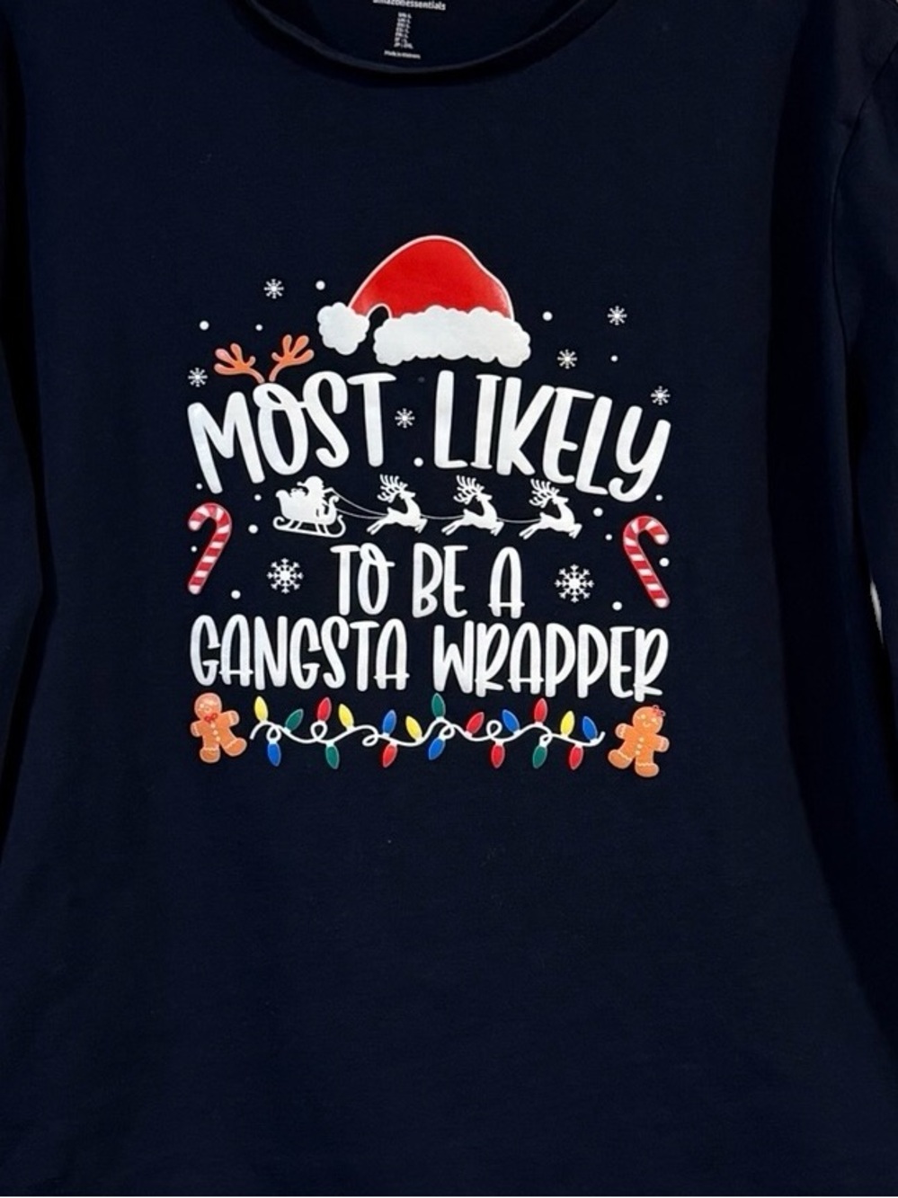 Christmas Pajama Long Sleeve Shirt Size Large Most Likely to be a Gansta Wrapper - Picture 2 of 7